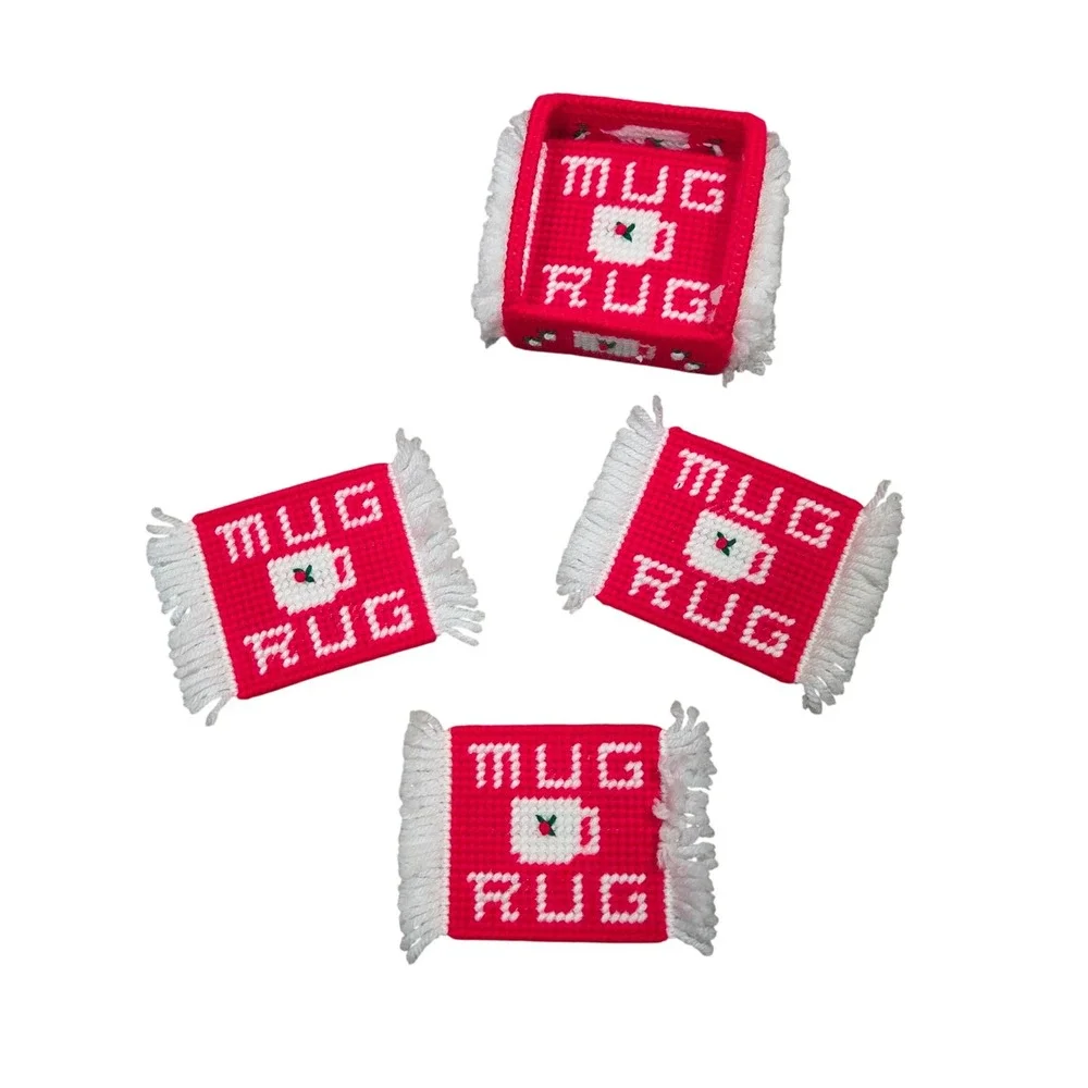Vintage Handmade Needlepoint Mug Rug Coaster Set Red White 7pc with‎ Holder